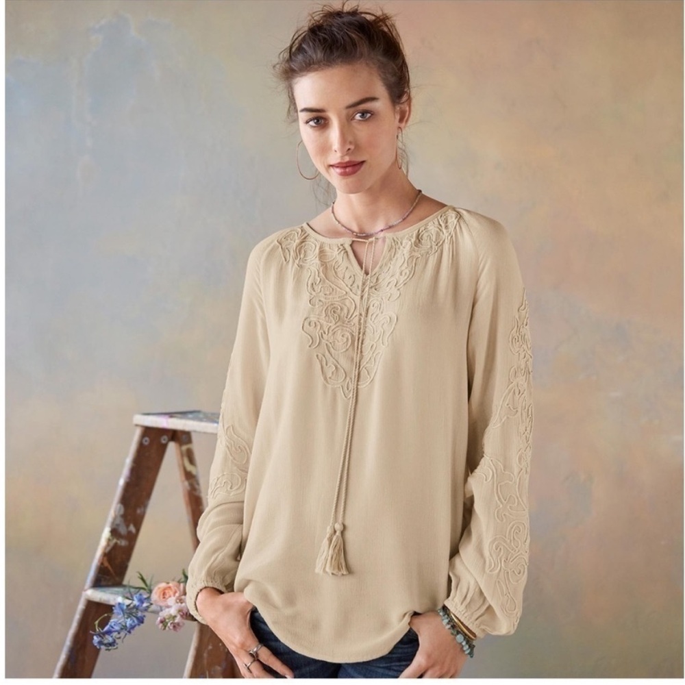 Sundance‎ Legends Blouse Embroidery Beige Neutral Boho Tassel Top Women’s Small